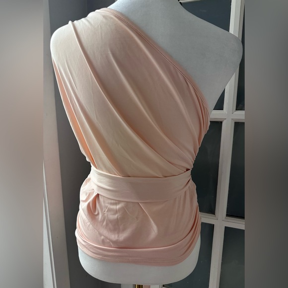 One Shoulder Peach / Cream Stretchy Top with Side Ruching and Matching Belt XL - Picture 4 of 7